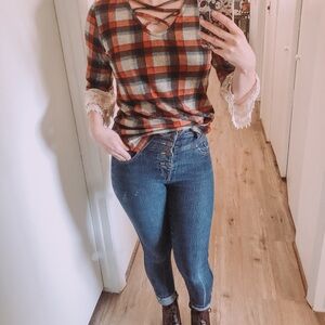 Plaid Sweater Blouse with Lace Sleeves